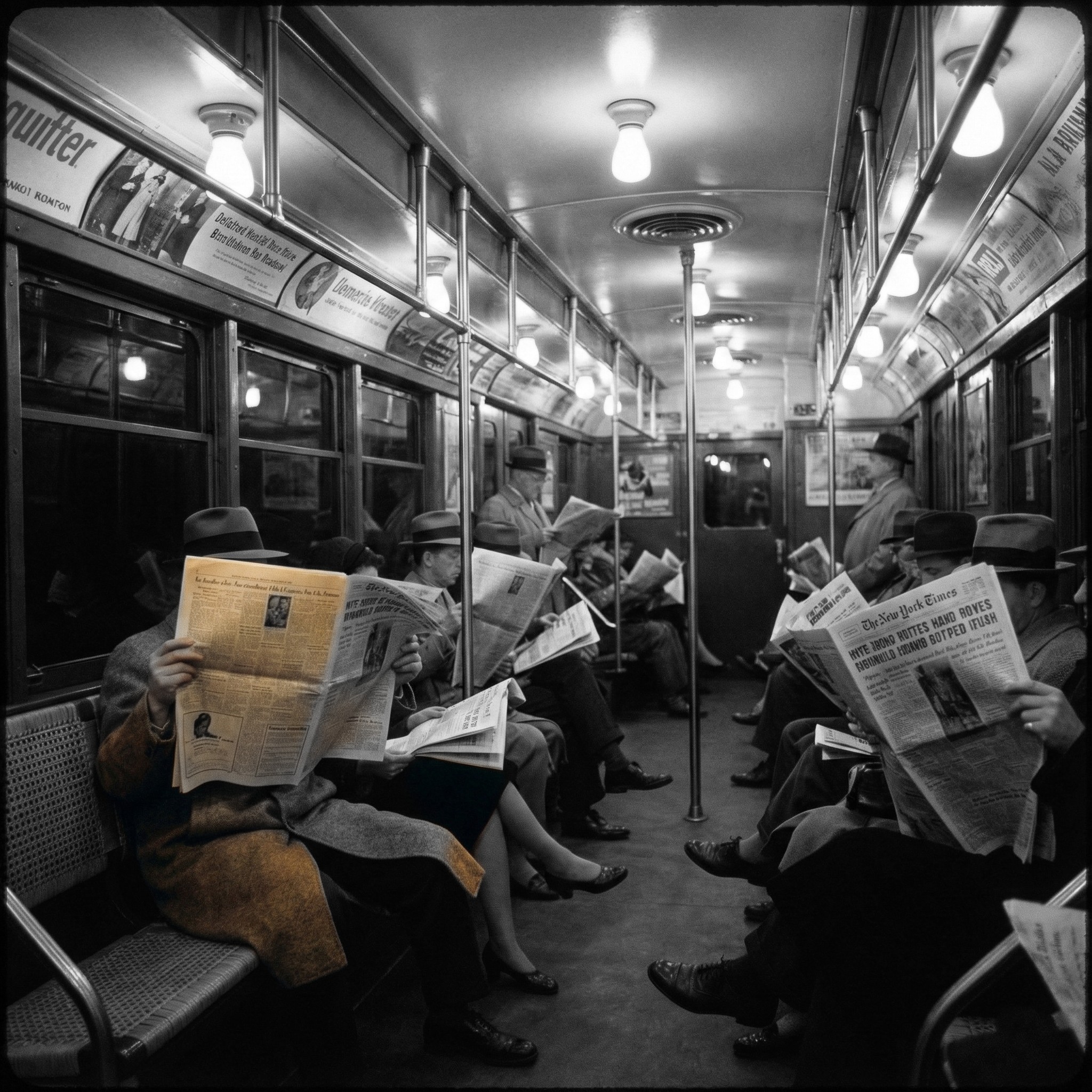 1960s subway riders holding newspapers